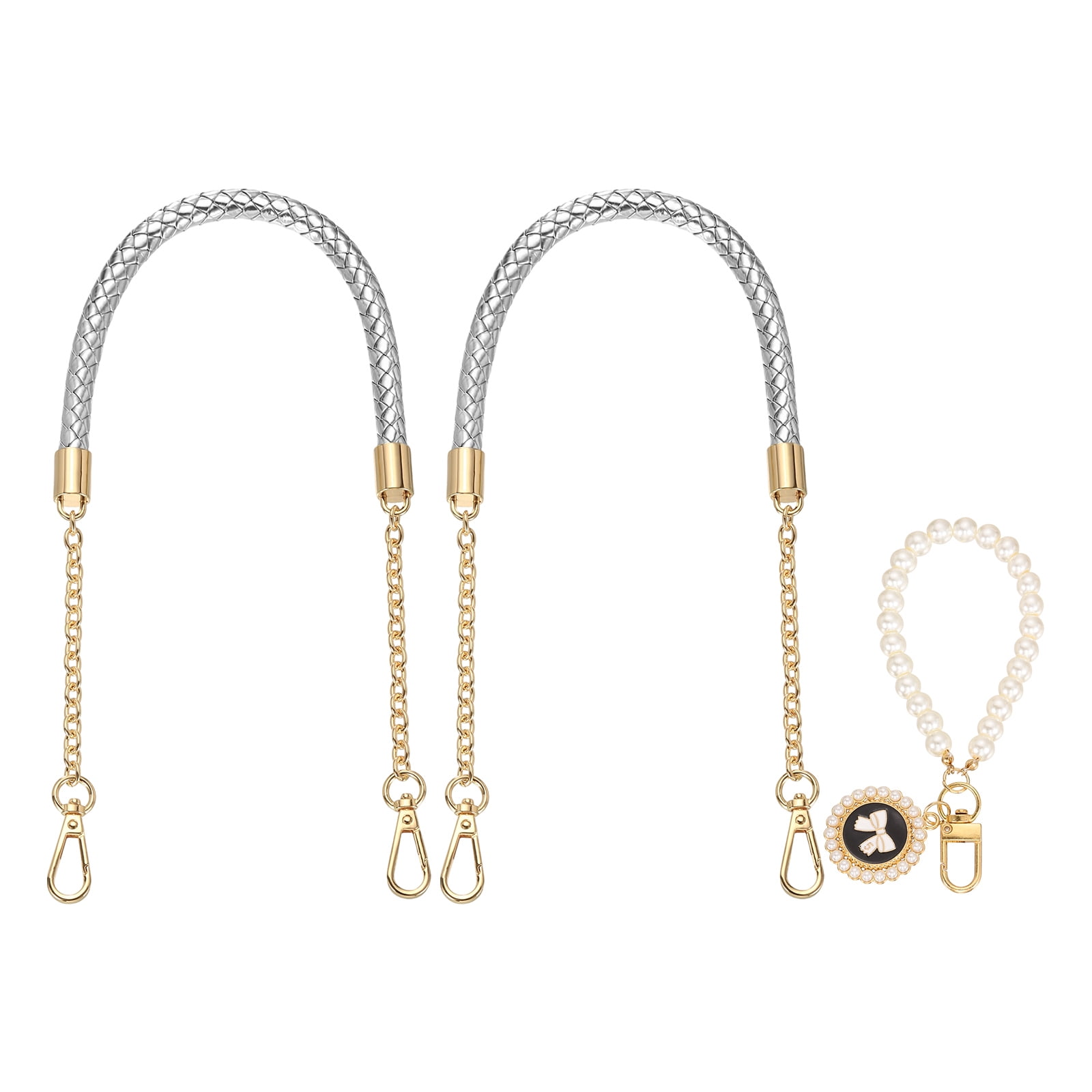 Uxcell 2 Pcs PU Leather Chain Purse Strap, 23.6 Inch Braided Purse Handles Replacement Strap with Pearl Pendant for Tote Bag Handbag Underarm Bag (Silver, Light Gold Chain)