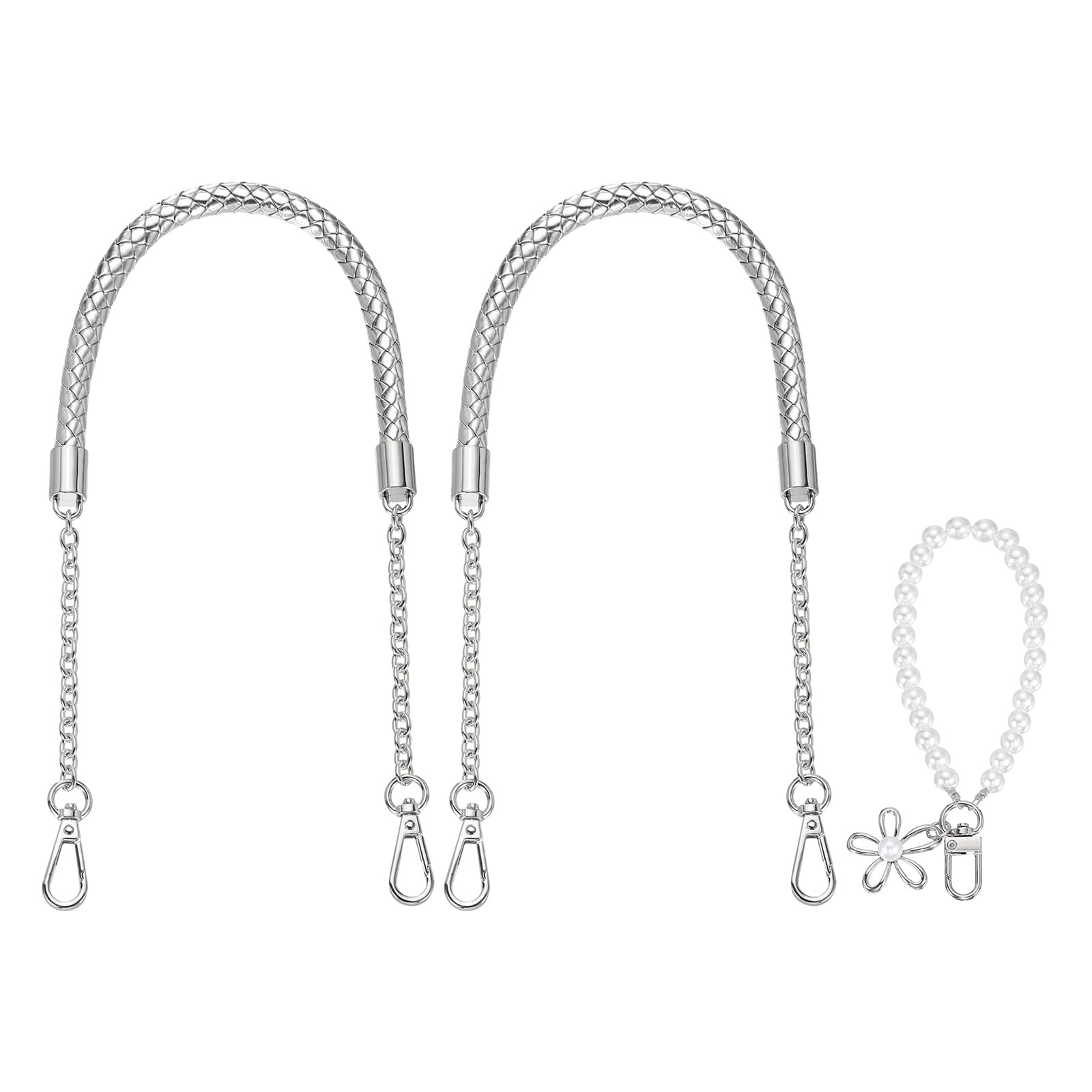 Uxcell 2 Pcs PU Leather Chain Purse Strap, 23.6 Inch Braided Purse Handles Replacement Strap with Pearl Pendant for Tote Bag Handbag Underarm Bag (Silver, Silver Chain)