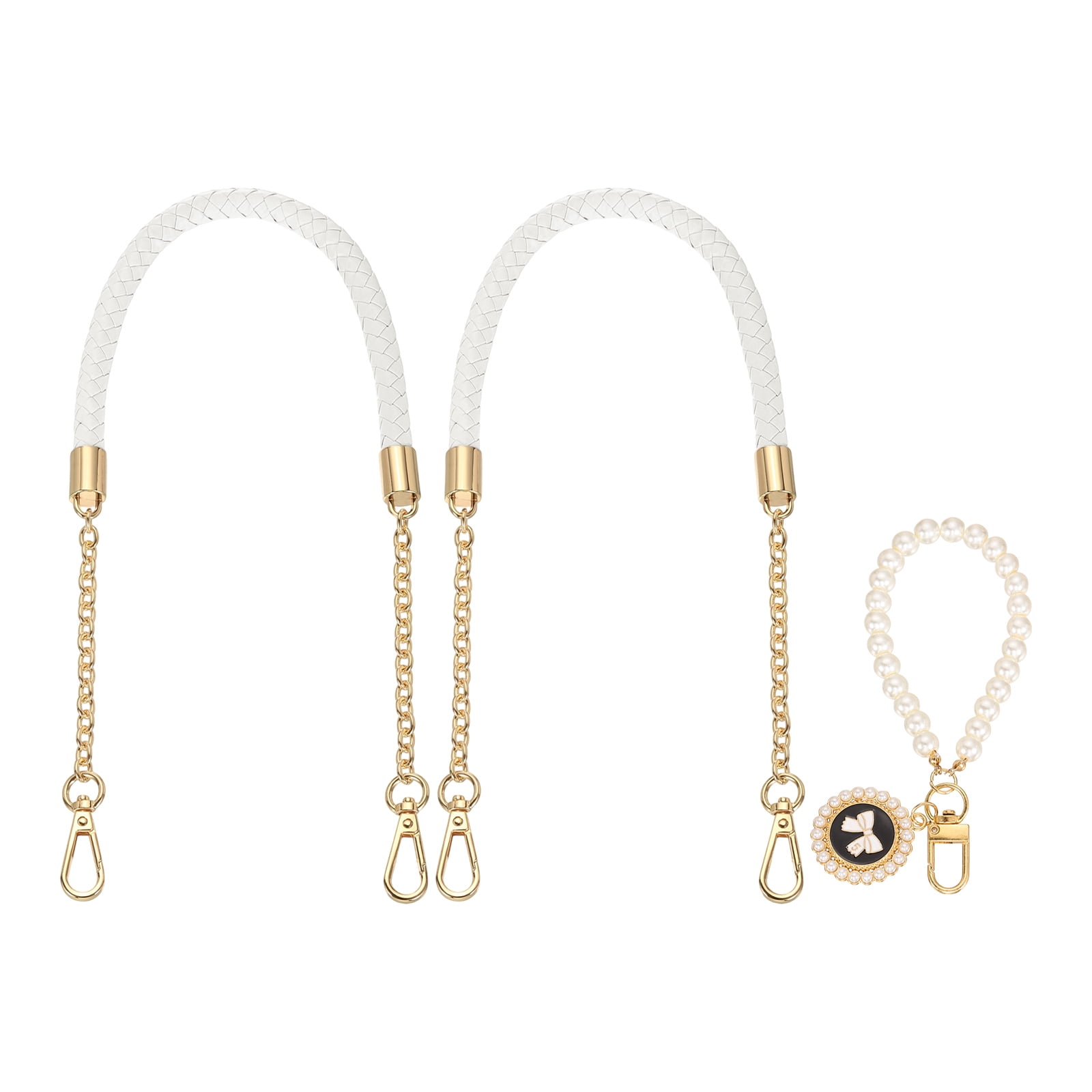 Uxcell 2 Pcs PU Leather Chain Purse Strap, 23.6 Inch Braided Purse Handles Replacement Strap with Pearl Pendant for Tote Bag Handbag Underarm Bag (White, Light Gold Chain)