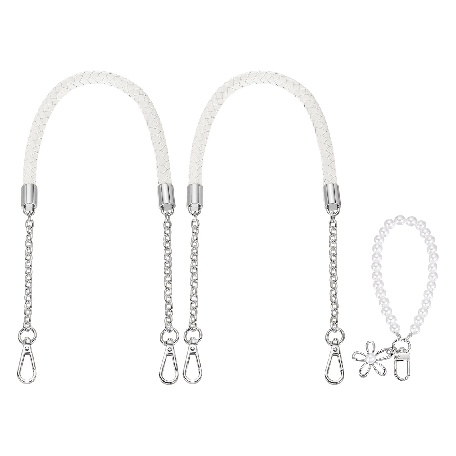 Uxcell 2 Pcs PU Leather Chain Purse Strap, 23.6 Inch Braided Purse Handles Replacement Strap with Pearl Pendant for Tote Bag Handbag Underarm Bag (White, Silver Chain)