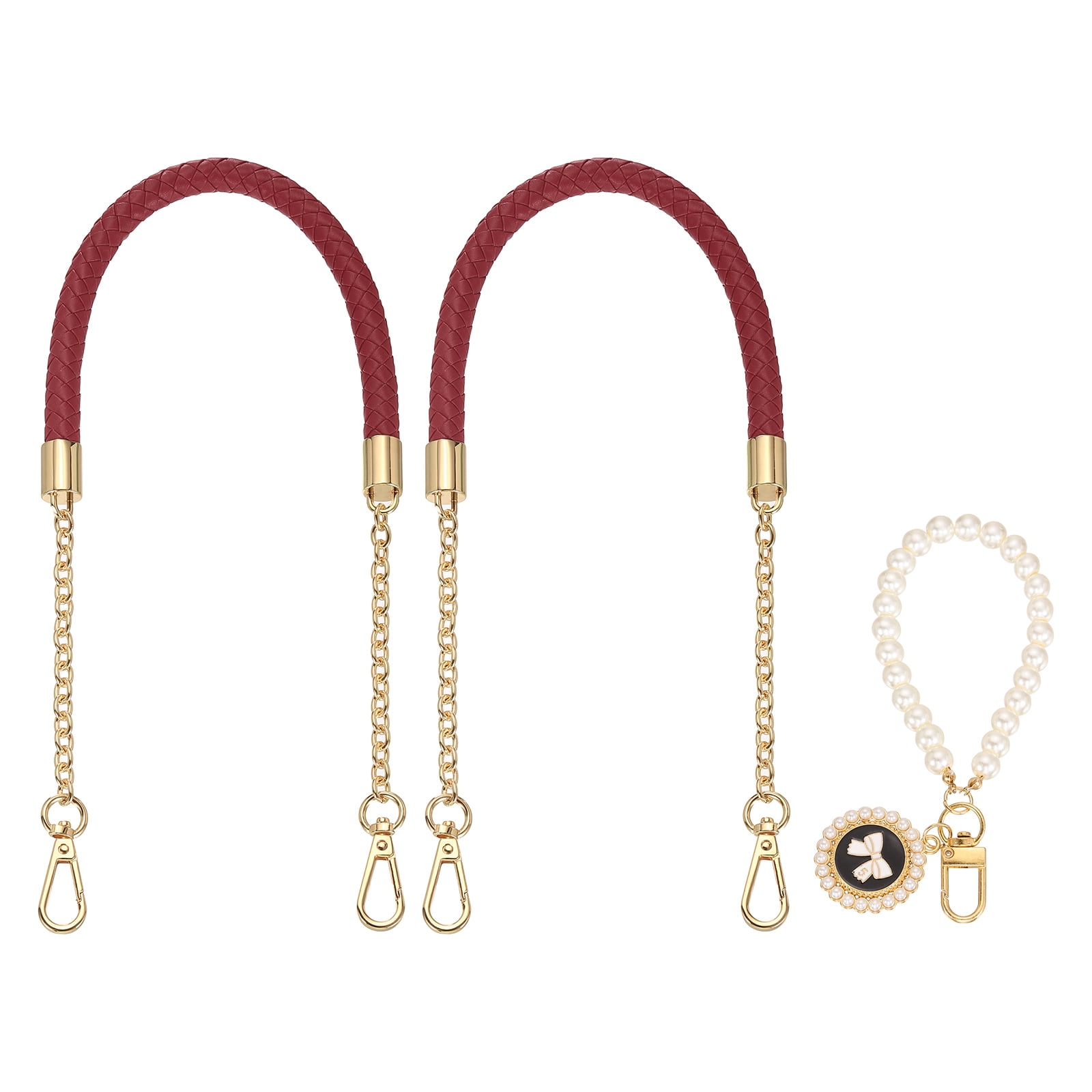 Uxcell 2 Pcs PU Leather Chain Purse Strap, 23.6 Inch Braided Purse Handles Replacement Strap with Pearl Pendant for Tote Bag Handbag Underarm Bag (Wine Red, Light Gold Chain)