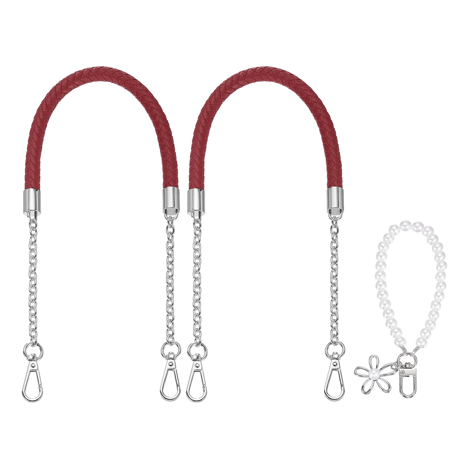 Uxcell 2 Pcs PU Leather Chain Purse Strap, 23.6 Inch Braided Purse Handles Replacement Strap with Pearl Pendant for Tote Bag Handbag Underarm Bag (Wine Red, Silver Chain)