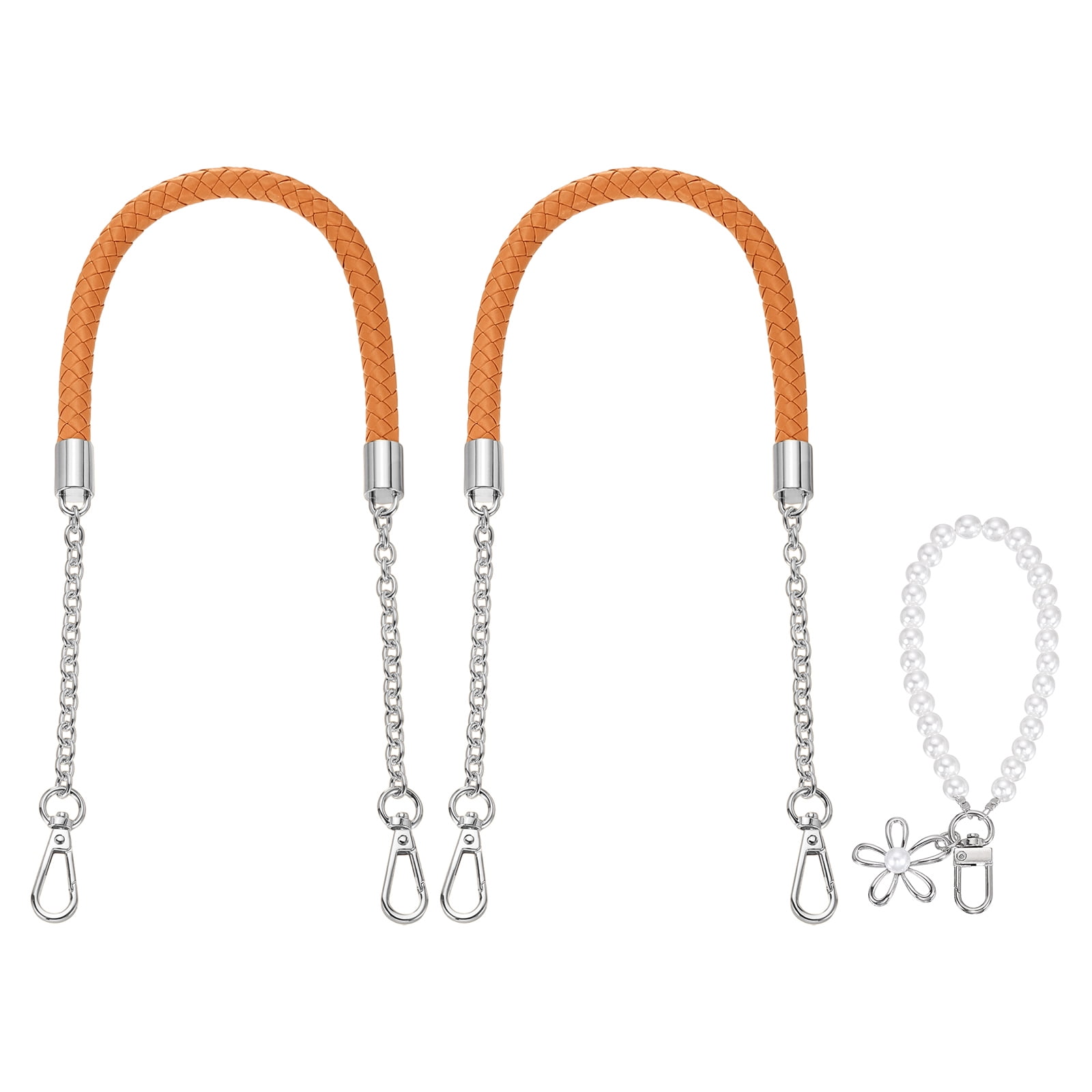 Uxcell 2 Pcs PU Leather Chain Purse Strap, 23.6 Inch Braided Purse Handles Replacement Strap with Pearl Pendant for Tote Bag Handbag Underarm Bag (Yellow, Silver Chain)
