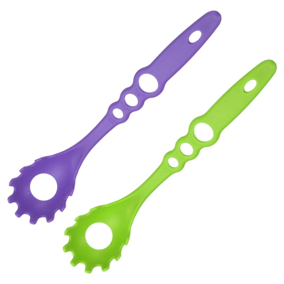 Uxcell 2 Pcs Pasta Spoon with Teeth, Nylon Pasta Fork Non-stick Heat Resistant Noodle Spoon Strainer Tong with Pasta Measuring Holes for Kitchen Cooking Restaurant, Green/Purple