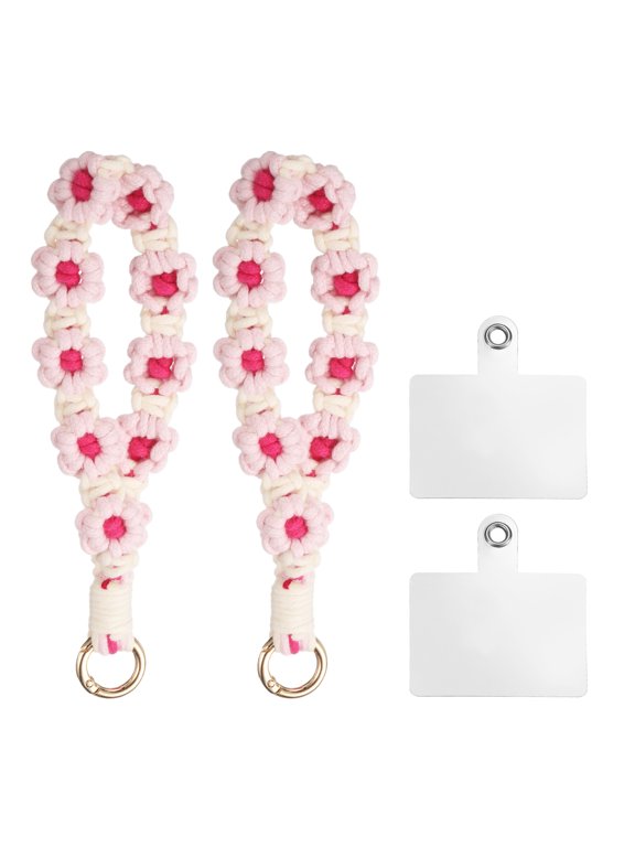 2 Pcs Phone Wrist Strap with Tether Tabs, Cell Phone Lanyard Bracelet Handmade Keychain for Women and Girls, Rose Pink