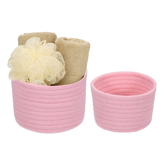 Uxcell 2 Pcs Pink Small Cotton Rope Woven Storage Basket, Cute Mini Tiny Round Organization Storage Bins Shelf Closet for Nursery Living Room Bedroom Shelf, Empty Gift Baskets(2 Sizes)