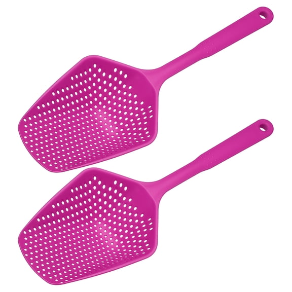 Uxcell 2 Pcs Plastic Skimmer Ladle, Draining Slotted Spoon Strainer Colander with Handle Strainer Colander Ice Shovel for Cookware Cooking Frying Food Water Leaking, Rose Red