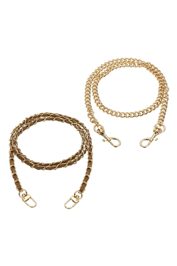 2 Pcs Purse Chain Strap, 47/24 Inch Long Crossbody Bag Leather Chains Replacement for DIY Phone Charm Wallet Bag Handbag Purses Clutch, Light Gold Chain with Brown Leather