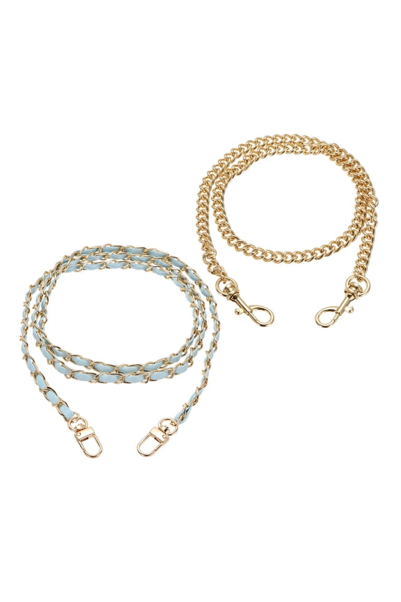 2 Pcs Purse Chain Strap, 47/24 Inch Long Crossbody Bag Leather Chains Replacement for DIY Phone Charm Wallet Bag Handbag Purses Clutch, Light Gold Chain with Sky Blue Leather
