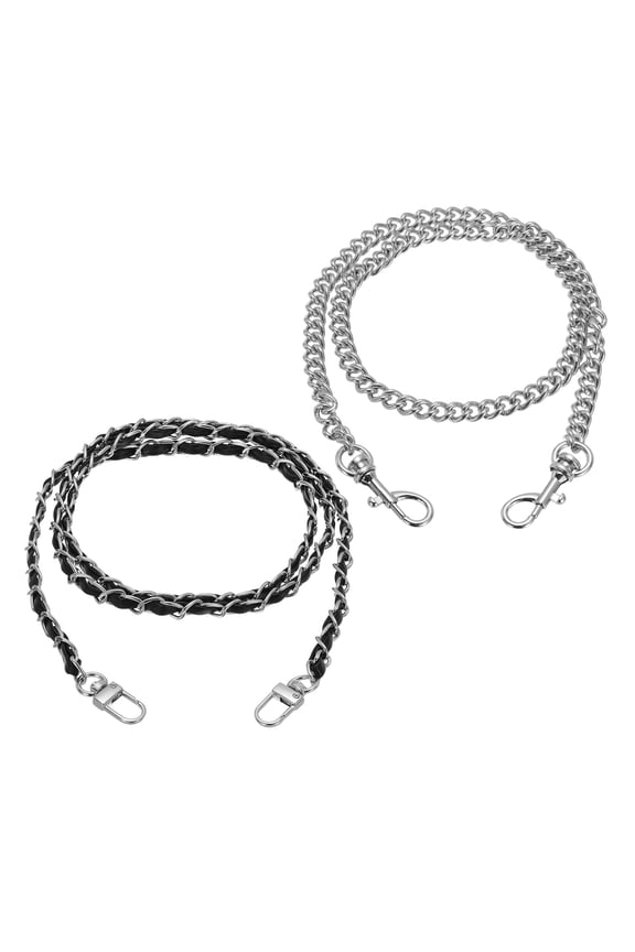 2 Pcs Purse Chain Strap, 47/24 Inch Long Crossbody Bag Leather Chains Replacement for DIY Phone Charm Wallet Bag Handbag Purses Clutch, Silver Chain with Black Leather