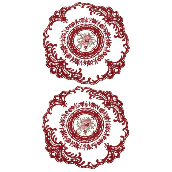 Uxcell 2 Pcs Retro Lace Placemats Crochet Cup Vase Table Mat for Dining Table, Wine Red