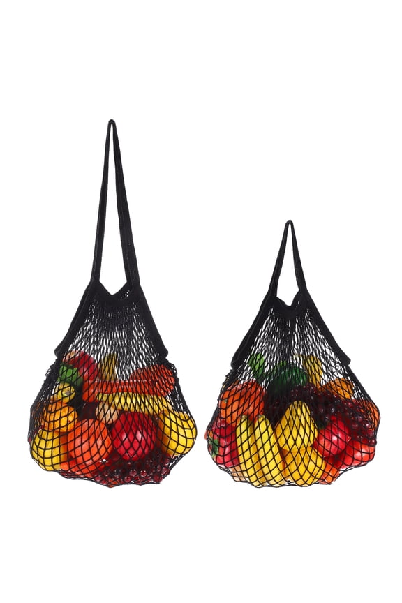 2 Pcs Reusable Mesh Produce Storage Bags Washable Net Portable Fruit Vegetable Bag with Long Short Handle for Grocery, Black