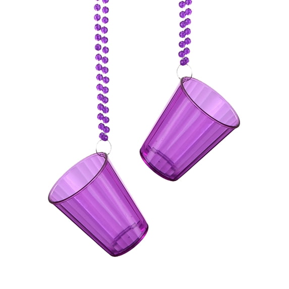 Uxcell 2 Pcs Shot Glass Necklaces, 2 oz Shot Cups on Beaded Necklace, Plastic Glass Cups Bead Chain Striped for Party, Purple