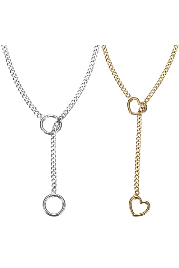 2 Pcs Slip Chain Necklace, 23.6 Inches Cuban Adjustable Y Necklace Kit with O Ring Heart Ring Titanium Steel Chain Chokers for Women Men Punk Gothic Jewelry, Silver/Gold