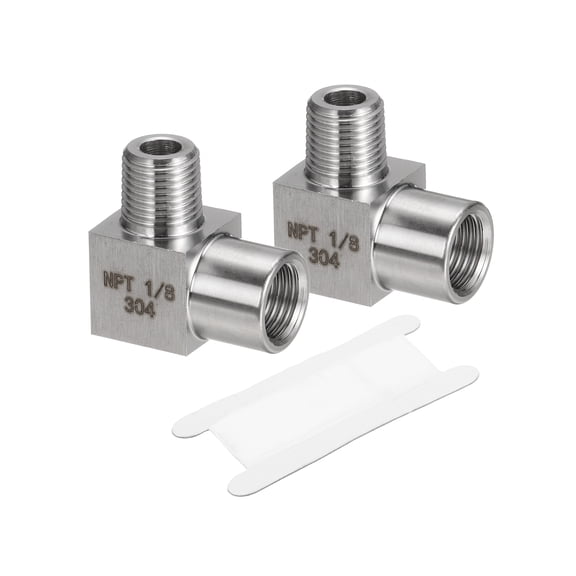 Uxcell 2 Pcs Square 90 Degree Barstock Street Elbow 1/8 Inch NPT Male to 1/8 Inch NPT Female with PTFE Tape, Silver Tone