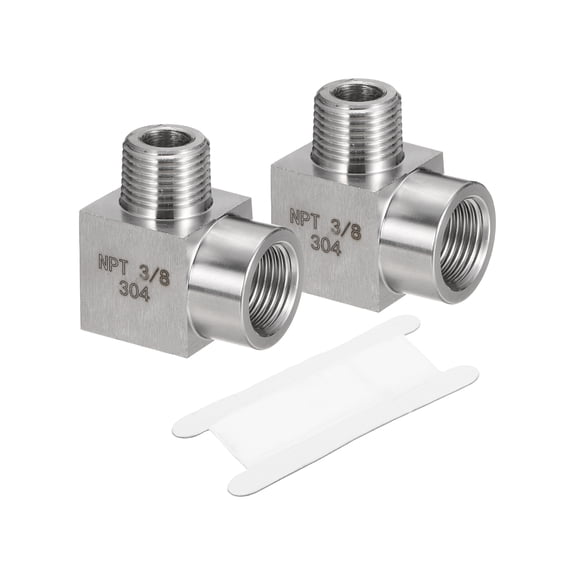 Uxcell 2 Pcs Square 90 Degree Barstock Street Elbow 3/8 Inch NPT Male to 3/8 Inch NPT Female with PTFE Tape, Silver Tone