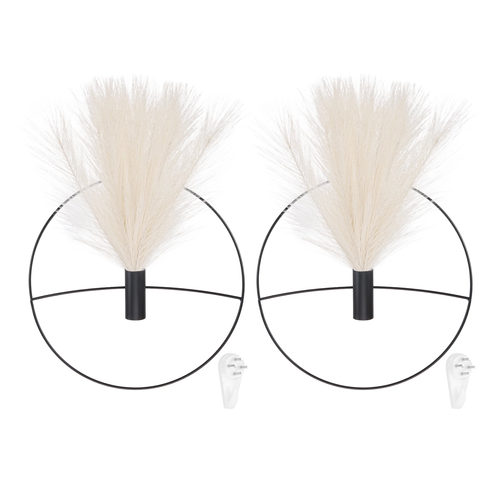 Uxcell 2 Pcs Wall Decor Metal Black Wall Art Hanging Planters with Artificial Pampas, Wall-mounted Decor Metal for Display Artwork Plant Hanging Living Room Bedroom, Beige (Round)