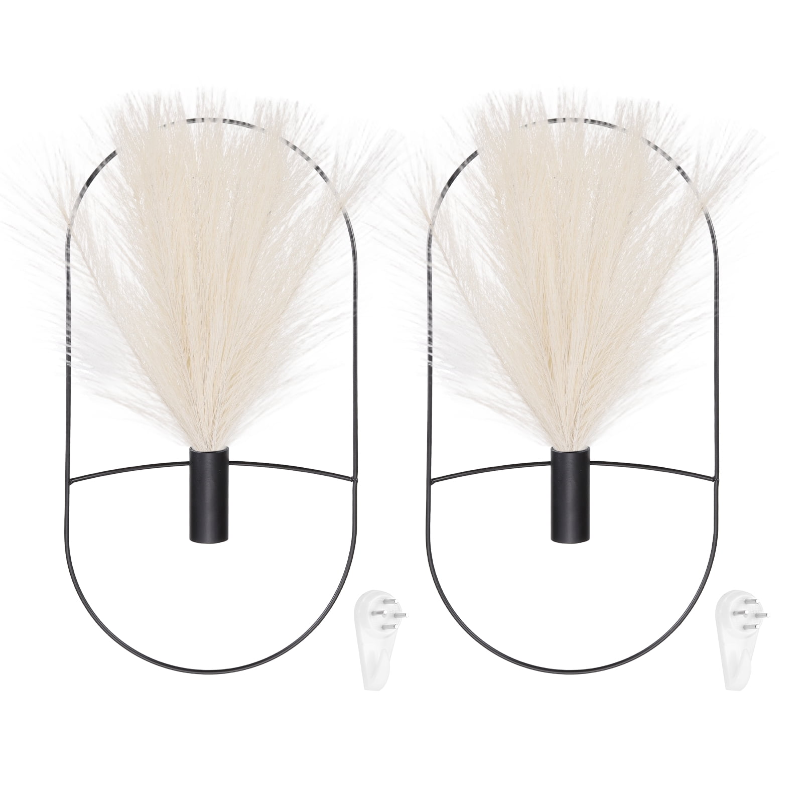 Uxcell 2 Pcs Wall Decor Metal Black Wall Art Hanging Planters with Artificial Pampas, Wall-mounted Decor Metal for Display Artwork Plant Hanging Living Room Bedroom, Beige (Oval)