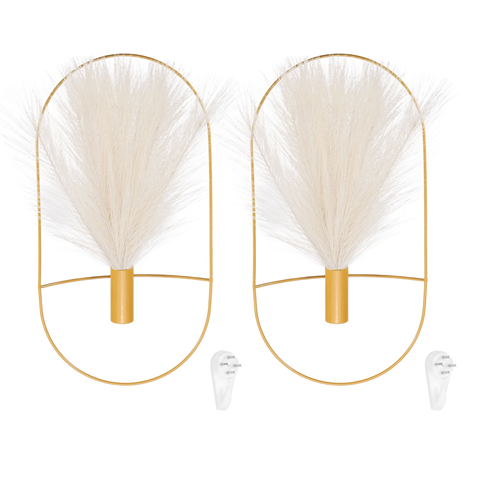 Uxcell 2 Pcs Wall Decor Metal Gold Wall Art Hanging Planters with Artificial Pampas, Wall-mounted Decor Metal for Display Artwork Plant Hanging Living Room Bedroom, Beige (Oval)