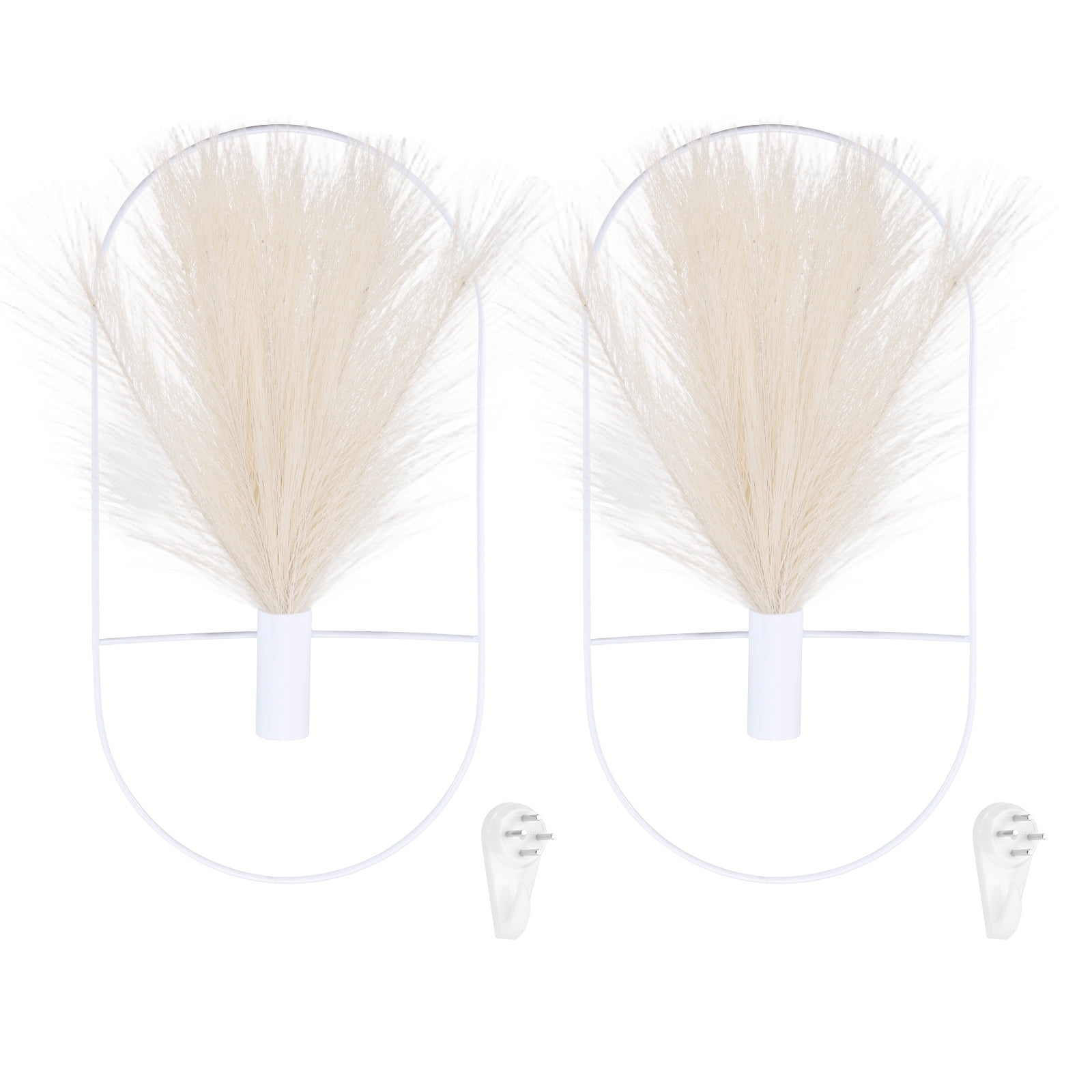 Uxcell 2 Pcs Wall Decor Metal White Wall Art Hanging Planters with Artificial Pampas, Wall-mounted Decor Metal for Display Artwork Plant Hanging Living Room Bedroom, Beige (Oval)