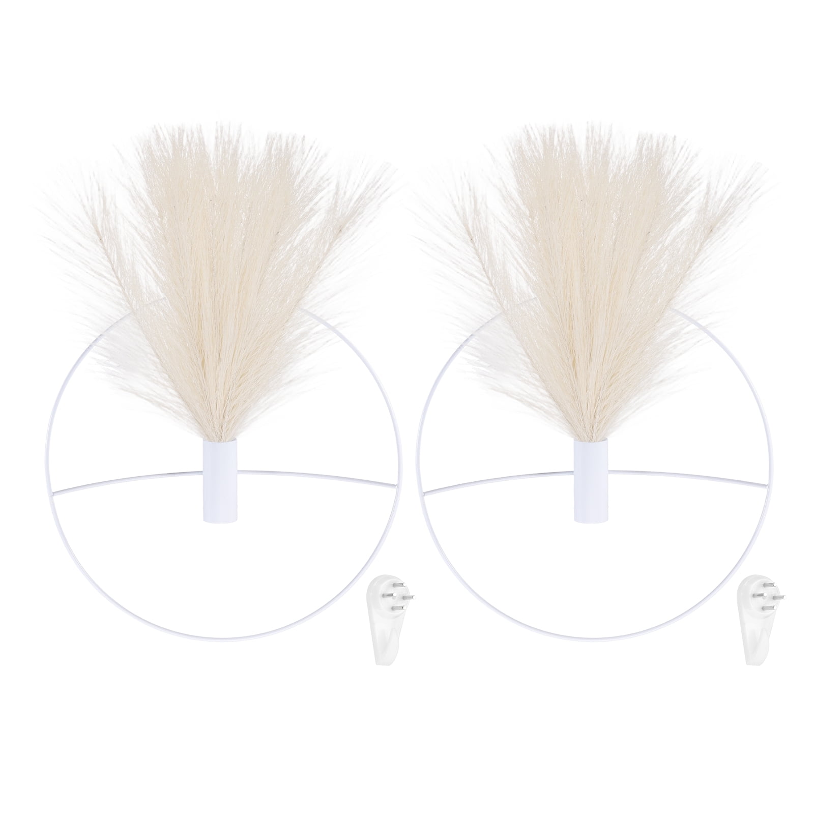 Uxcell 2 Pcs Wall Decor Metal White Wall Art Hanging Planters with Artificial Pampas, Wall-mounted Decor Metal for Display Artwork Plant Hanging Living Room Bedroom, Beige (Round)