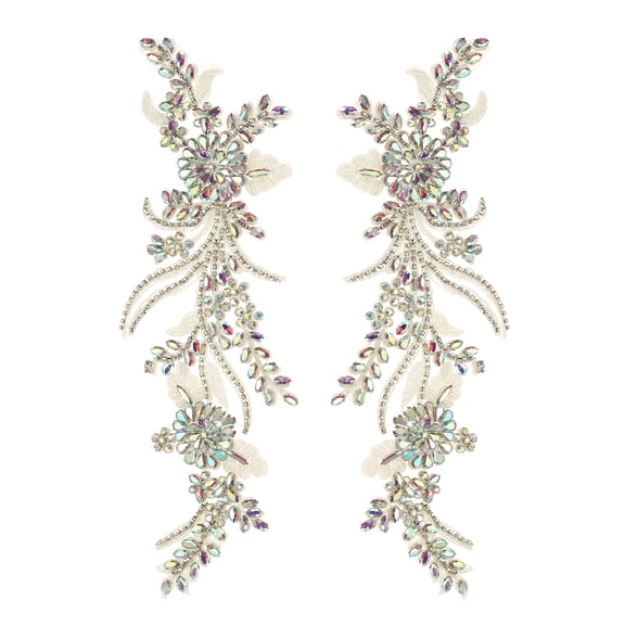 Uxcell 2 Pcs White AB Diamond Rhinestone Applique, 13 x 4 Inch Crystal Fabric Patches Beaded Embroidery Lace Appliques Embellishments for Wedding Evening Clothes Dresses Sewing