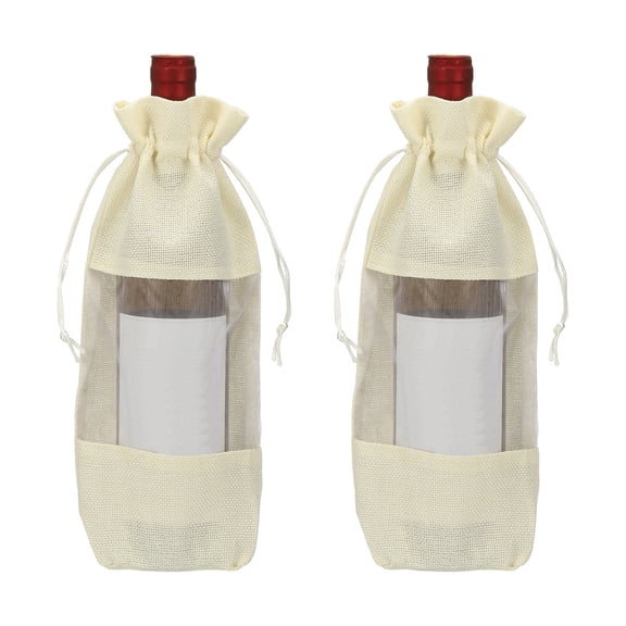 Uxcell 2 Pcs Wine Bottle Gift Bags with Drawstrings, Clear Burlap Wine Bags Reusable Liquor Bottle Covers for Wedding Birthday Party, White