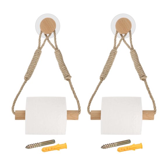 Uxcell 2 Pcs Wood Jute Rope Toilet Paper Holder for Bathroom Decor,Wood Color