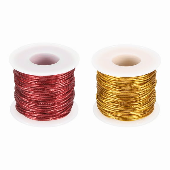 Uxcell 2 Roll 1mm Metallic Elastic Cords, Tinsel Elastic Stretch String Cord Thread Braiding Rope for Craft Making Gift Wrapping Ornaments, Gold Tone Red, 27 Yards Each