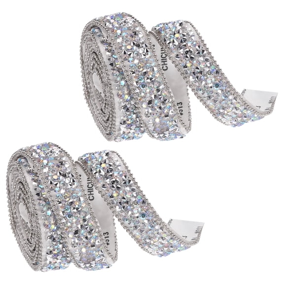 Uxcell 2 Roll 1yardx0.59inch Crystal Rhinestone Ribbon, Self Adhesive Resin Crystal Trim Ribbon Strips Bling Artificial Gem Stone Beaded Applique for Clothing DIY Crafts, Silver White AB
