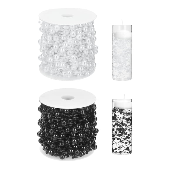 Uxcell 2 Roll Artificial Floating Beads for Centerpieces Vases, 8+3mm 66ft Faux Pearls Beads String for Floating Candle Wedding Vase Filler, Black/White