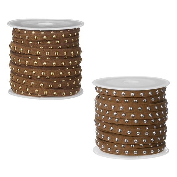 Uxcell 2 Rolls 5.5 Yard Suede Cord, 5mm Wide Studded Faux Leather String Roll Flat Micro Fiber Leather Trims with Silver Gold Rivets for DIY Jewelry Making Crafts Deco, Dark Brown