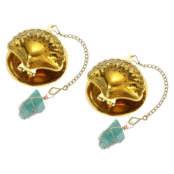 Uxcell 2 Set Cute Tea Infuser Ball, Shell Shape Stainless Steel Tea Infuser Ball Strainers with Fluorite Crystal Pendant Chain & Drip Tray Loose Leaf Set for Mugs Cups Teapots, Gold
