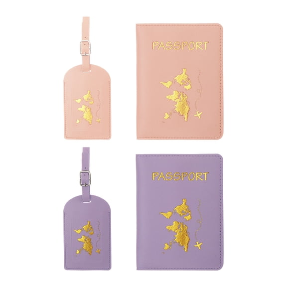 Uxcell 2 Set Passport Cover Holder and Luggage Tag Set PU Leather Suitcase Identifier, Pink Purple