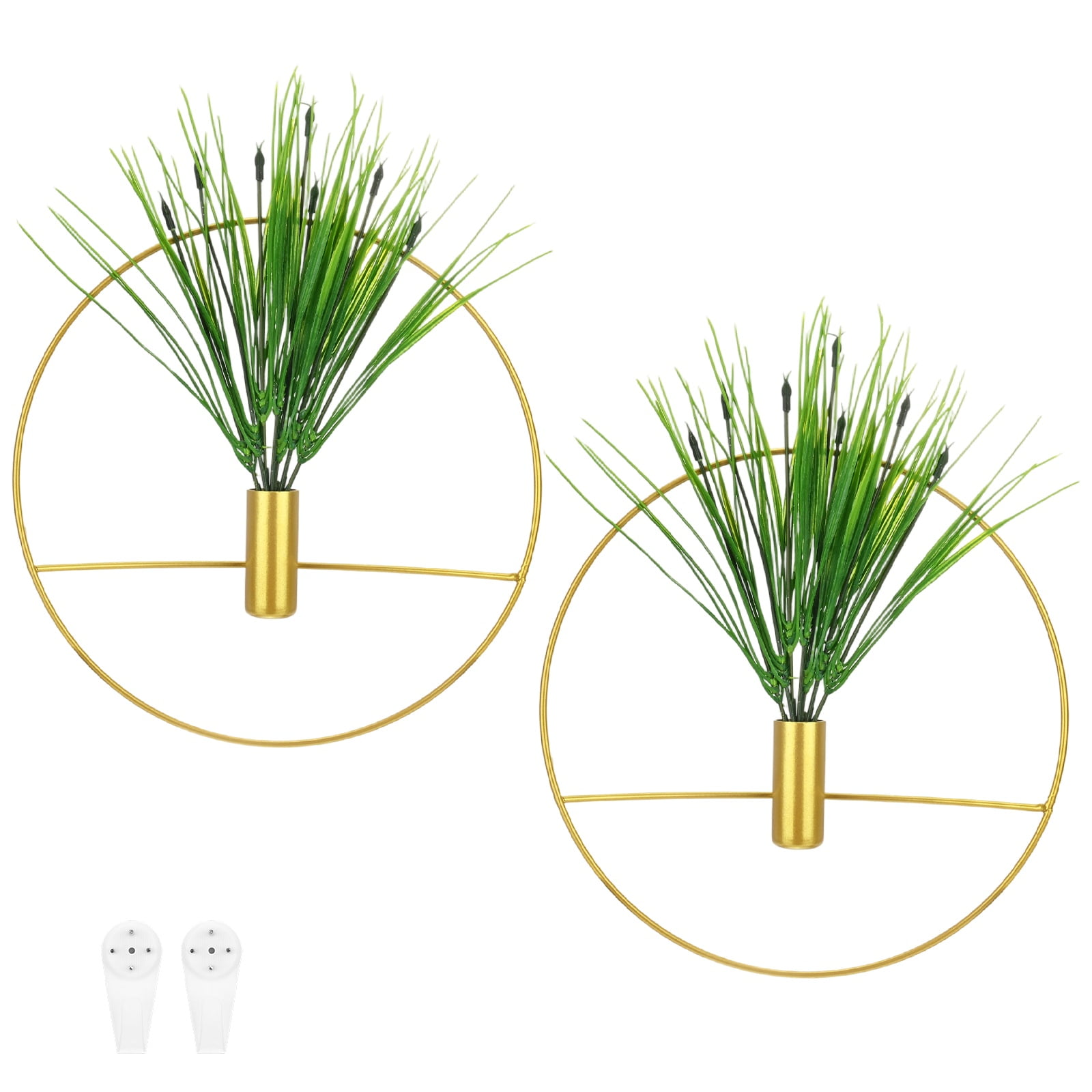 Uxcell 2 Set Plant Wall Decor, Hanging Planters with Artificial Aquatic Plant Metal Hanging Vase Round Shape for Room [Golden]