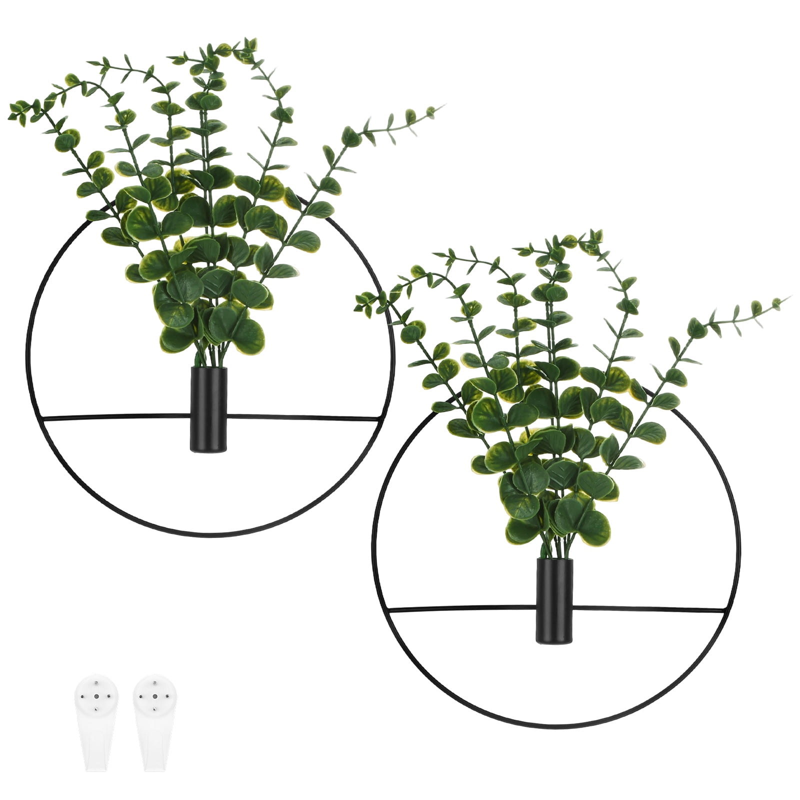 Uxcell 2 Set Plant Wall Decor, Hanging Planters with Artificial Eucalyptus Metal Hanging Vase Round Shape for Room [Black]