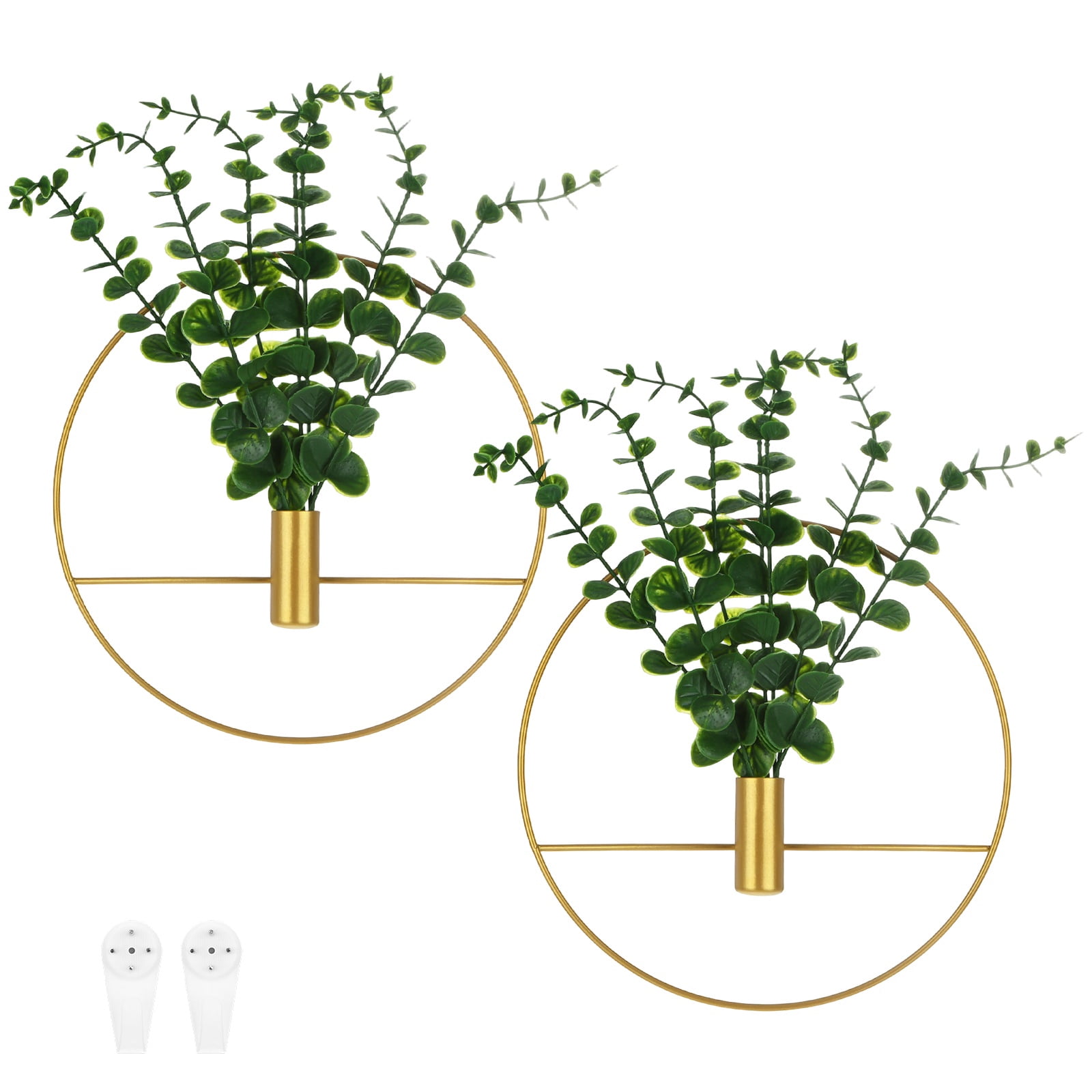 Uxcell 2 Set Plant Wall Decor, Hanging Planters with Artificial Eucalyptus Metal Hanging Vase Round Shape for Room [Golden]