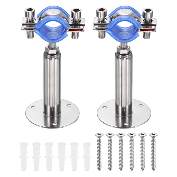 Uxcell 2 Set Wall Mount Ceiling Mount Pipe Supports 304 Stainless Steel Adjustable Pipe Bracket Clamp with Screws for OD Pipe 1"-1.1" (25-27mm) Adjustable Height 100-150mmmm