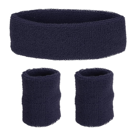 Uxcell 2 Sport Wristbands & 1 Headband Set Cotton Absorbent Athletic Sweatband Navy Blue