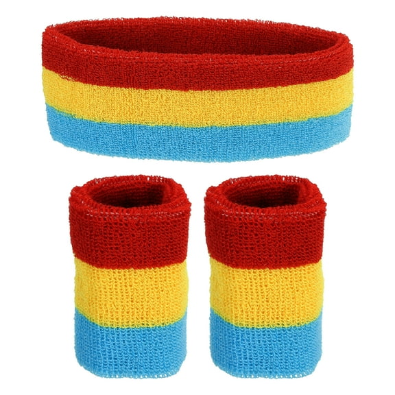 Uxcell 2 Sport Wristbands & 1 Headband Set Cotton Absorbent Athletic Sweatband Red, Yellow,Dark Blue