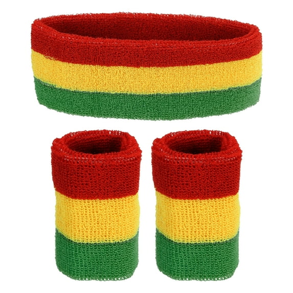 Uxcell 2 Sport Wristbands & 1 Headband Set Cotton Absorbent Athletic Sweatband Red, Yellow, Green
