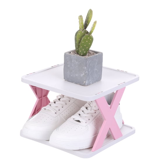 Uxcell 2-Tier Plastic Shoe Rack, Vertical Shoe Rack Stackable Storage Organizer Folding Space-Saving Narrow Slot Shelf for Closet Livingroom Entryway Garage, Pink/White