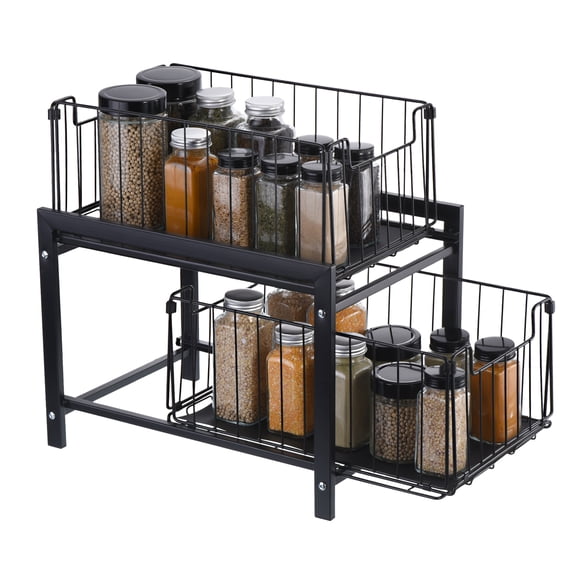 Uxcell 2 Tier Under Sink Cabinet Organizer with Sliding Drawer Pull Out Storage Baskets, Black
