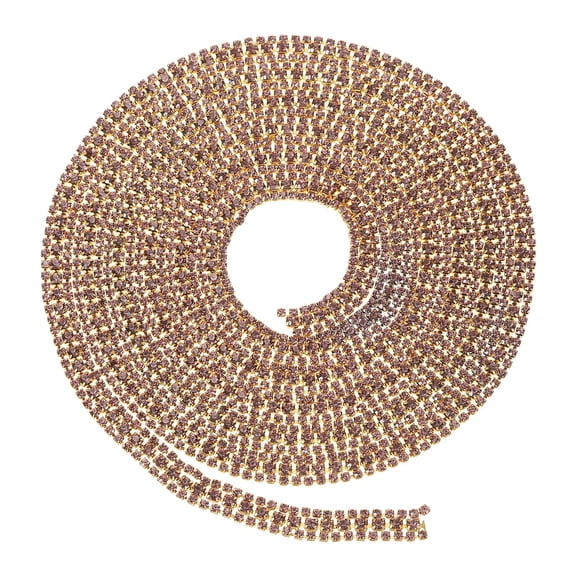 Uxcell 2 Yards 3 Rows Crystal Rhinestone Close Chain Trim, Claw Cup Chain with Gold Base for DIY Craft, Light Purple