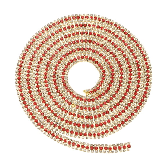 Uxcell 2 Yards 3 Rows Crystal Rhinestone Close Chain Trim, Claw Cup Chain with Gold Base for DIY Craft, White/Red/White