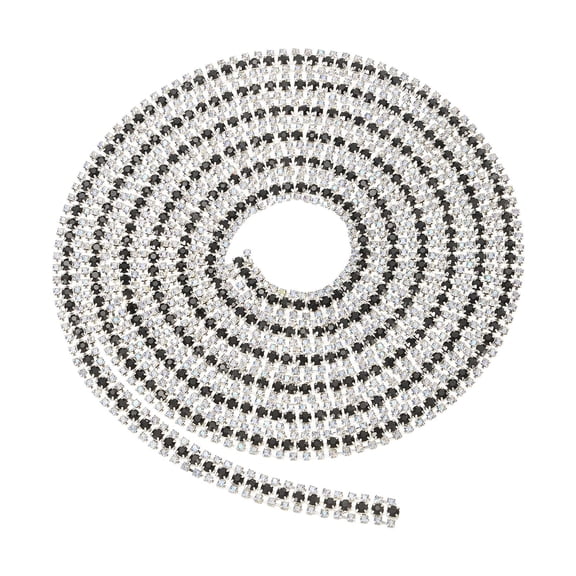 Uxcell 2 Yards 3 Rows Crystal Rhinestone Close Chain Trim, Claw Cup Chain with Silver Base for DIY Craft, AB Color/Black/AB Color