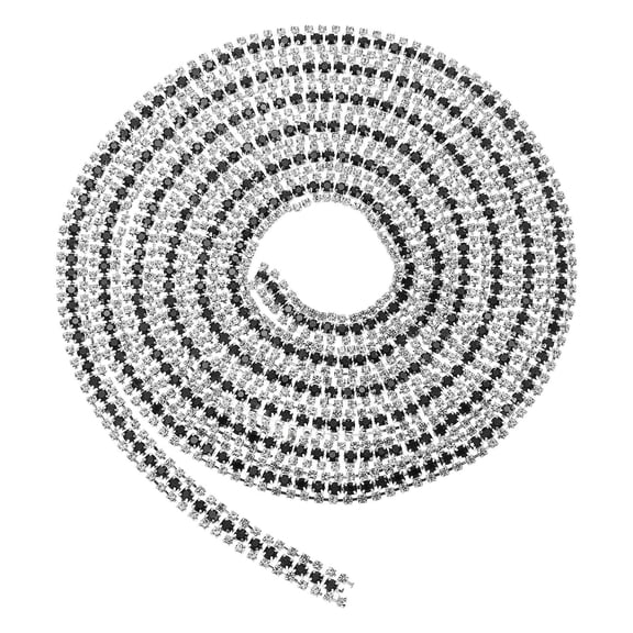 Uxcell 2 Yards 3 Rows Crystal Rhinestone Close Chain Trim, Claw Cup Chain with Silver Base for DIY Craft, White/Black/White