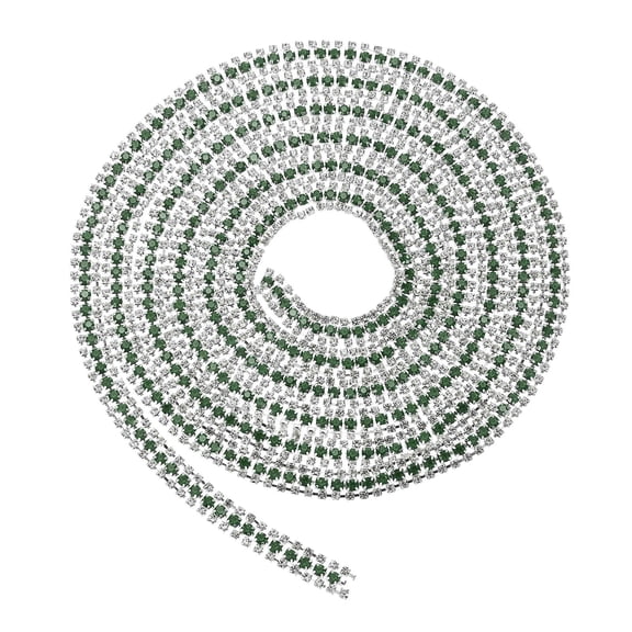 Uxcell 2 Yards 3 Rows Crystal Rhinestone Close Chain Trim, Claw Cup Chain with Silver Base for DIY Craft, White/Dark Green/White
