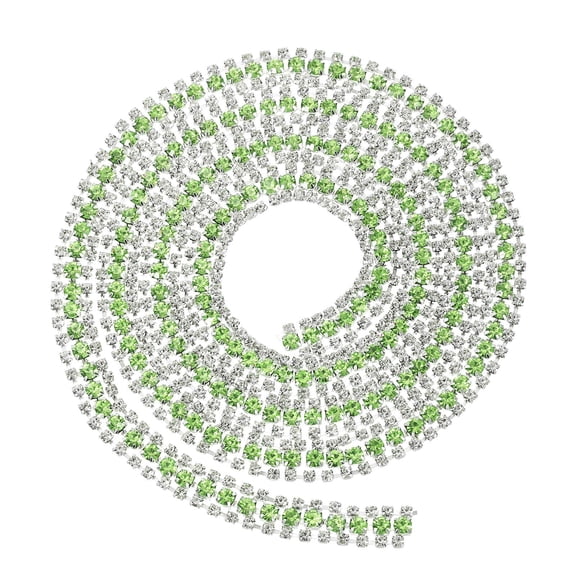 Uxcell 2 Yards 3 Rows Crystal Rhinestone Close Chain Trim, Claw Cup Chain with Silver Base for DIY Craft, White/Light Green/White