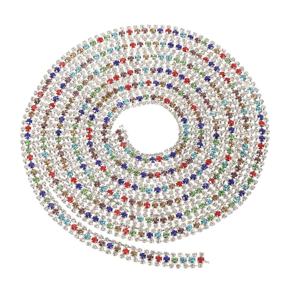 Uxcell 2 Yards 3 Rows Crystal Rhinestone Close Chain Trim, Claw Cup Chain with Silver Base for DIY Craft, White/Multicolor/White